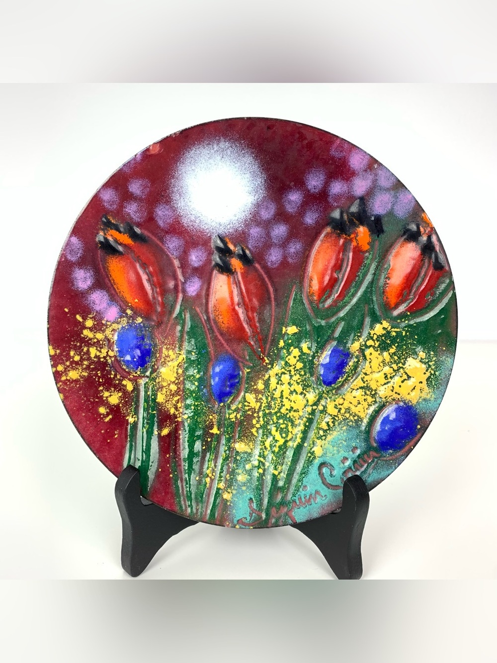 Bernard Seguin Poirier Enamel On Copper Plate Flowers Tulips Multicolor Vtg
